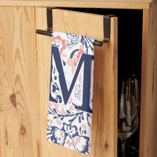 Monogram Coral Navy Peach Vintage Floral Pattern Kitchen Towel