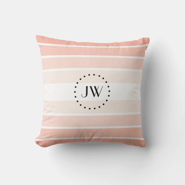 Monogram Coral Pastel Stripes Throw Pillow (Front)