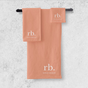 Monogram Coral Peach Elegant Feminine Minimalist Bath Towel Set