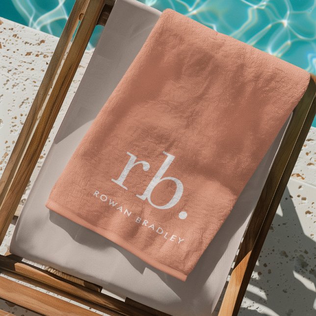 Monogram Coral Peach Elegant Feminine Minimalist Beach Towel (Feminine stylish coral peach unique monogram beach towel.)