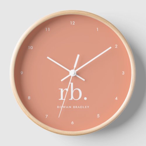 Monogram Coral Peach Elegant Feminine Minimalist Clock
