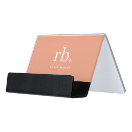 Monogram Coral Peach Elegant Feminine Minimalist Desk Business Card Holder