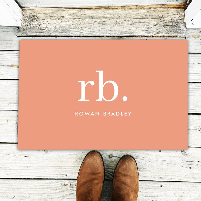 Monogram Coral Peach Elegant Feminine Minimalist Doormat (Feminine stylish coral peach unique monogram doormat.)