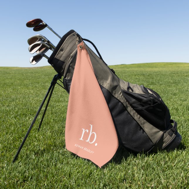 Monogram Coral Peach Elegant Feminine Minimalist Golf Towel (Green)