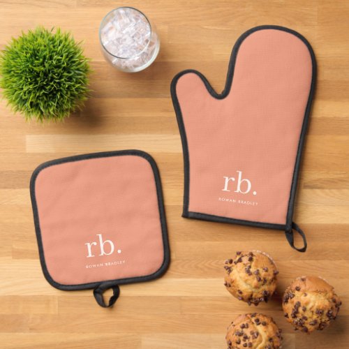 Monogram Coral Peach Elegant Feminine Minimalist Oven Mitt  Pot Holder Set