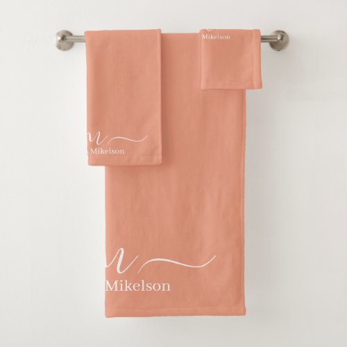 Monogram Coral Peach Minimalist Stylish Bath Bath Towel Set