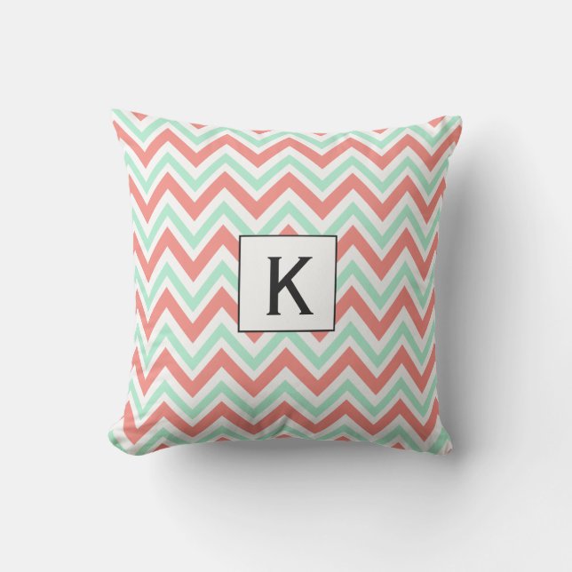 Monogram Coral Pink and Mint Green Chevron Pattern Throw Pillow (Front)