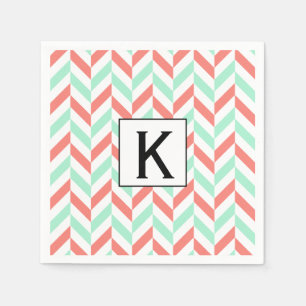 Monogram Coral Pink and Mint Green Herringbone Paper Napkins