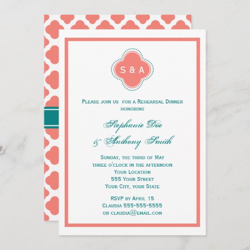 Monogram Coral Pink And Teal Quatrefoil Wedding Invitation Zazzle