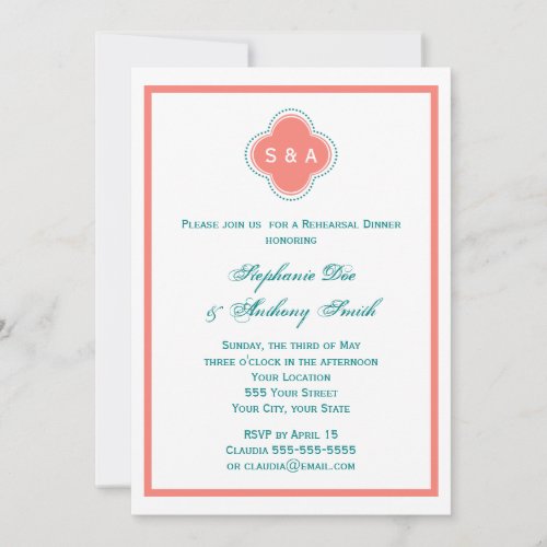 Monogram Coral Pink and Teal Quatrefoil Wedding Personalized Invitation
