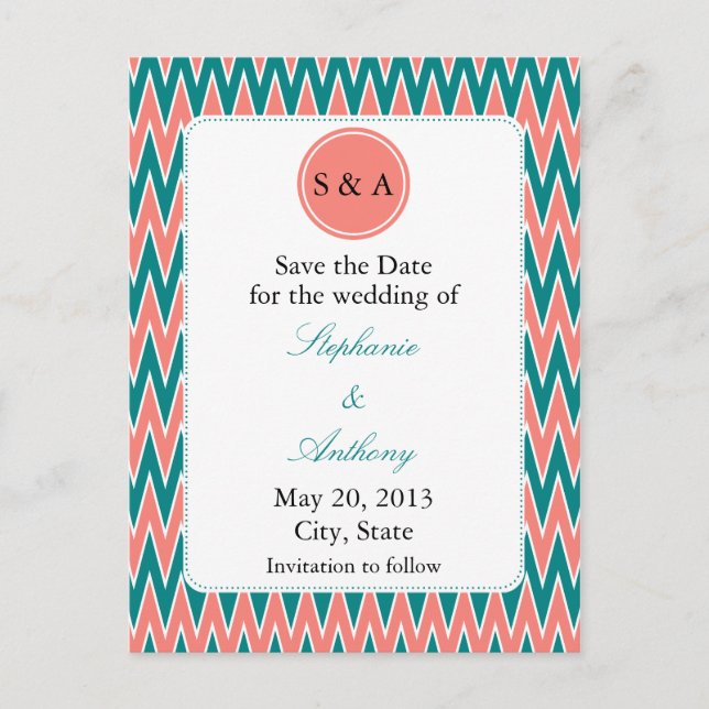 Monogram Coral Pink and Teal Zigzag Save the Date Announcement Postcard (Front)