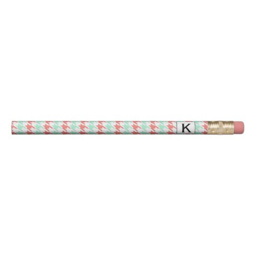 Monogram Coral Pink and White Houndstooth Pattetrn Pencil