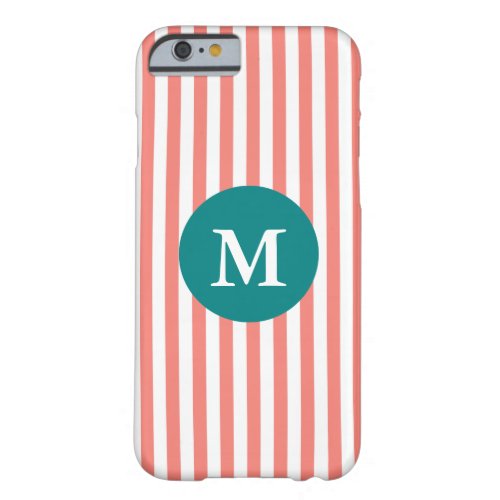Monogram Coral Pink and White Stripes Barely There iPhone 6 Case