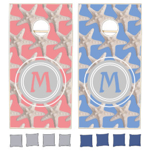 Monogram Coral Pink Blue Gender Reveal Baby Shower Cornhole Set