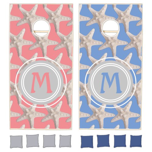 Monogram Coral Pink Blue Gender Reveal Baby Shower Cornhole Set