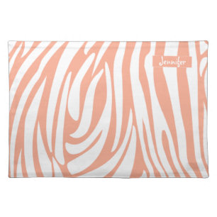 Monogram Coral Pink Color Striped Zebra Pattern Cloth Placemat