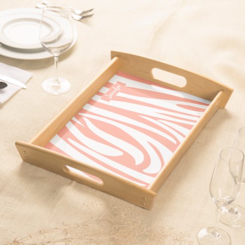 Monogram Coral Pink Color Striped Zebra Pattern Serving Tray