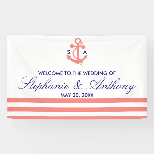 Monogram Coral Pink Nautical And Navy Blue Wedding Banner