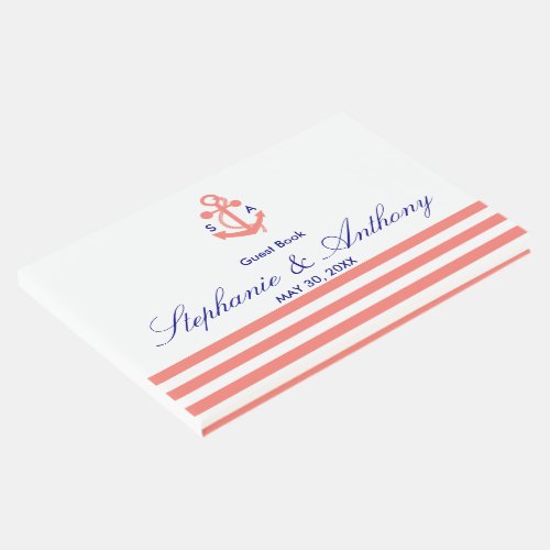 Monogram Coral Pink Nautical and Navy Blue Wedding Guest Book