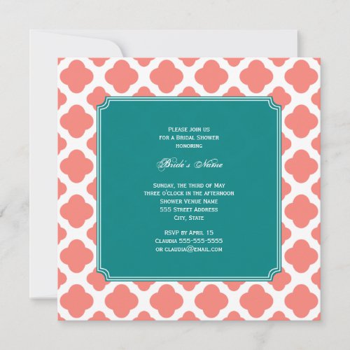 Monogram Coral Pink Quatrefoil Pattern with Teal Personalized Invitations