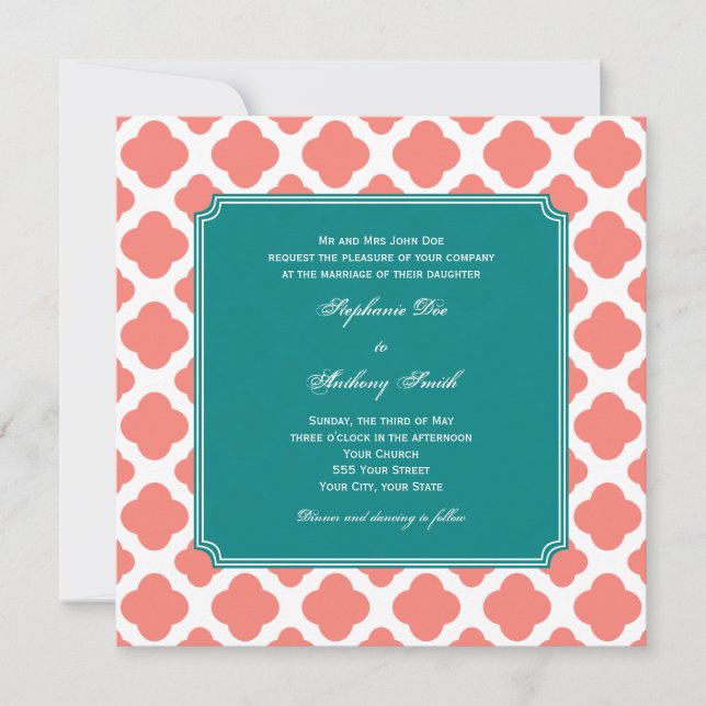 Monogram Coral Pink Quatrefoil Pattern with Teal Invitation (Front)