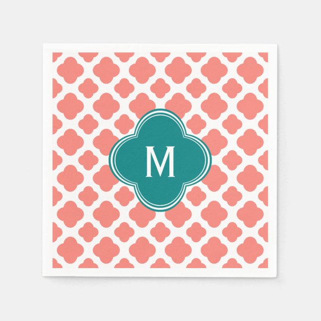 Monogram Coral Pink Quatrefoil Pattern with Teal Napkins (Front)