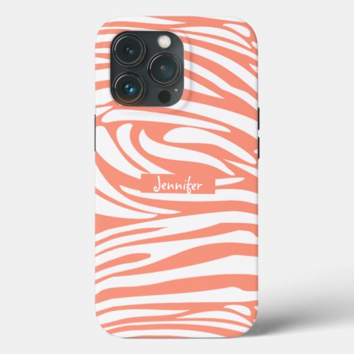 Monogram Coral Pink Striped Zebra Pattern Trendy C iPhone 13 Pro Case