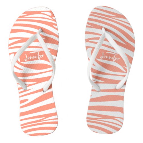 Monogram Coral Pink Striped Zebra Pattern Trendy Flip Flops