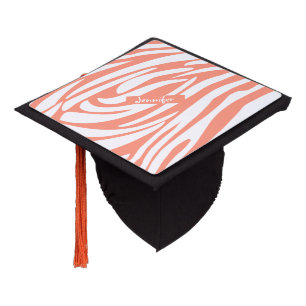 Monogram Coral Pink Striped Zebra Pattern Trendy Graduation Cap Topper
