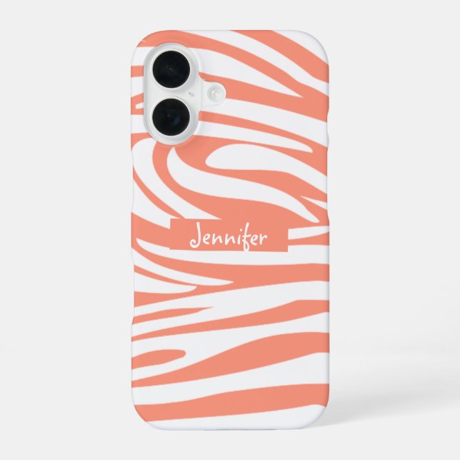 Monogram Coral Pink Striped Zebra Pattern Trendy iPhone Case (Back)