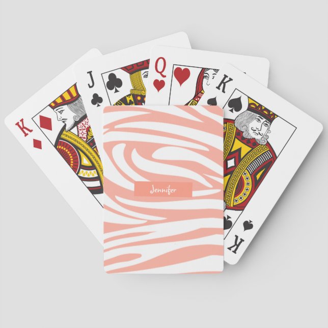 Monogram Coral pink Striped Zebra Pattern Trendy Poker Cards (Back)