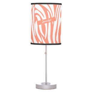 Monogram Coral Pink Striped Zebra Pattern Trendy Table Lamp