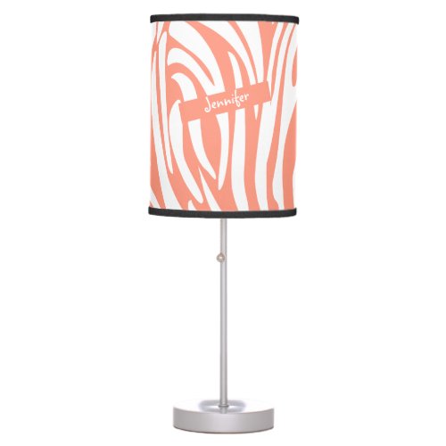 Monogram Coral Pink Striped Zebra Pattern Trendy Table Lamp