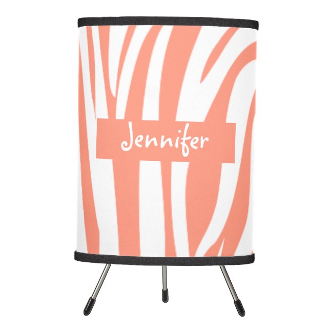 Monogram Coral Pink Striped Zebra Pattern Trendy Tripod Lamp (Front)