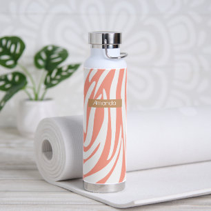 Monogram Coral Pink Striped Zebra Pattern Trendy Water Bottle