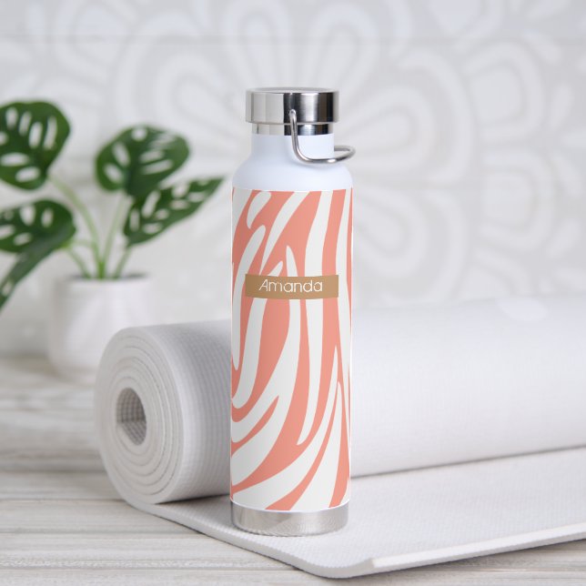 Monogram Coral Pink Striped Zebra Pattern Trendy Water Bottle (Yoga)