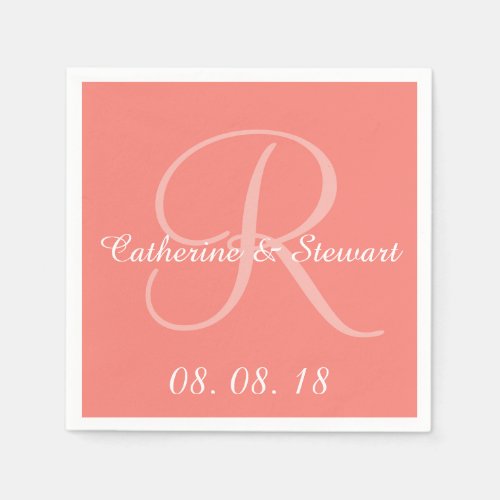 Monogram Coral Pink Stylish Color Design Wedding Paper Napkins