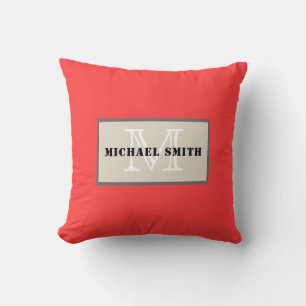 Monogram Coral Red Solid Color Background Throw Pillow