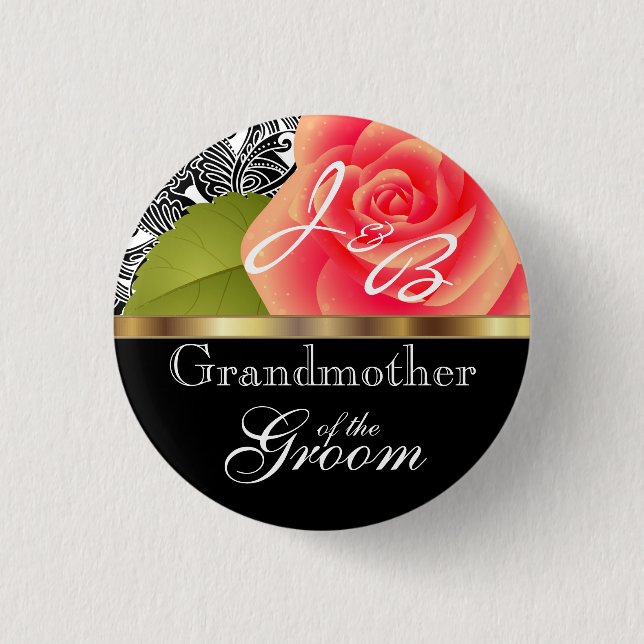 Monogram Coral Rose - Bridal Wedding Party Button (Front)