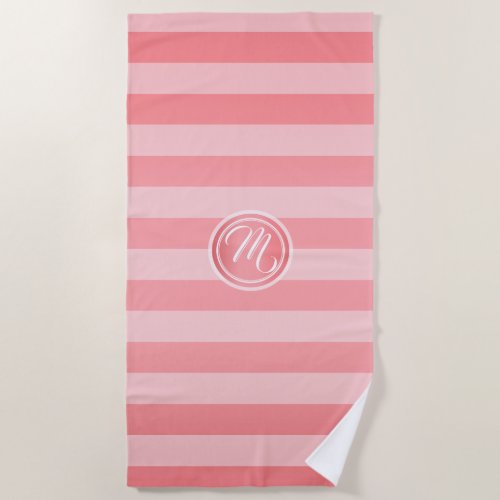 Monogram Coral Stripe Pattern Beach Towel