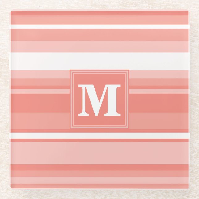 Monogram coral stripes glass coaster (Front)