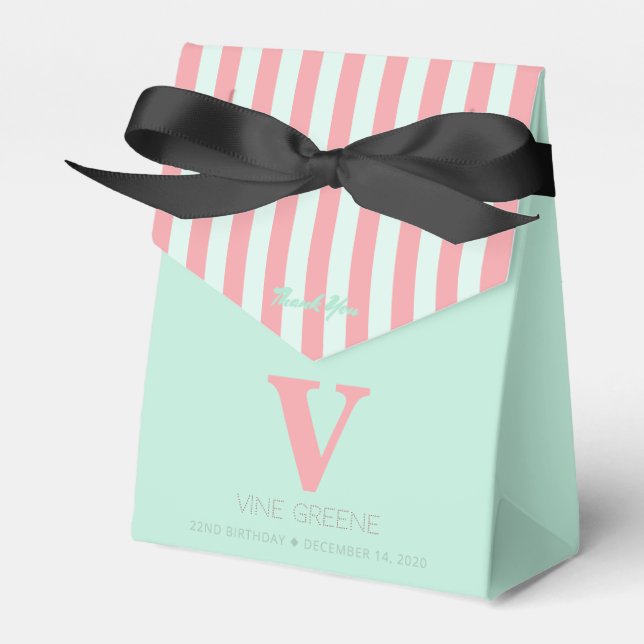 Monogram Coral Stripes Green Favor Box (Front Side)