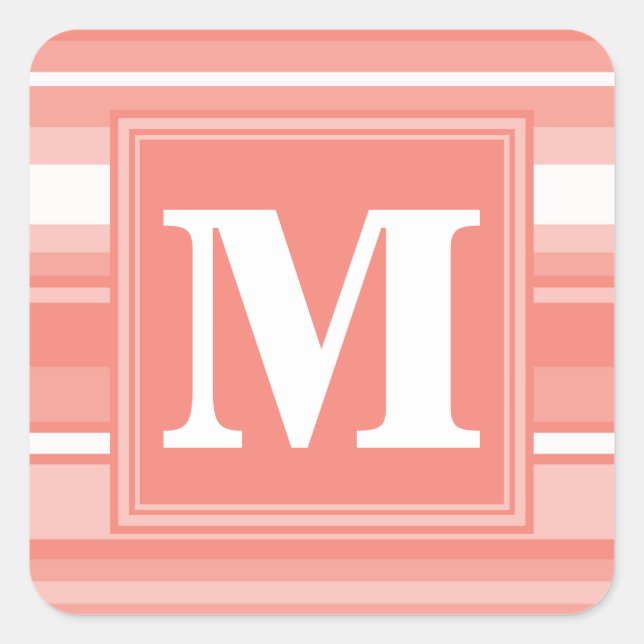 Monogram coral stripes square sticker (Front)