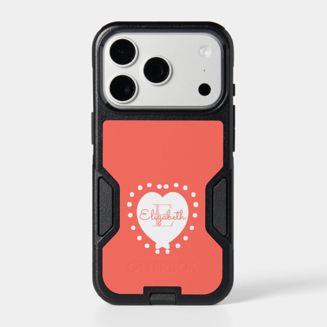 Monogram Coral White Heart Initial Letter Name Otterbox iPhone Case (Back)