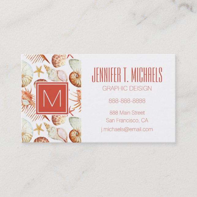 Monogram Coral With Shells And Crabs Pattern Business Card (Front)