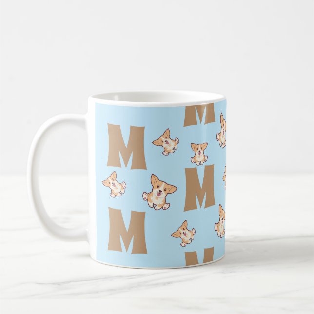Monogram & Corgi Pattern Blue Coffee Mug (Left)