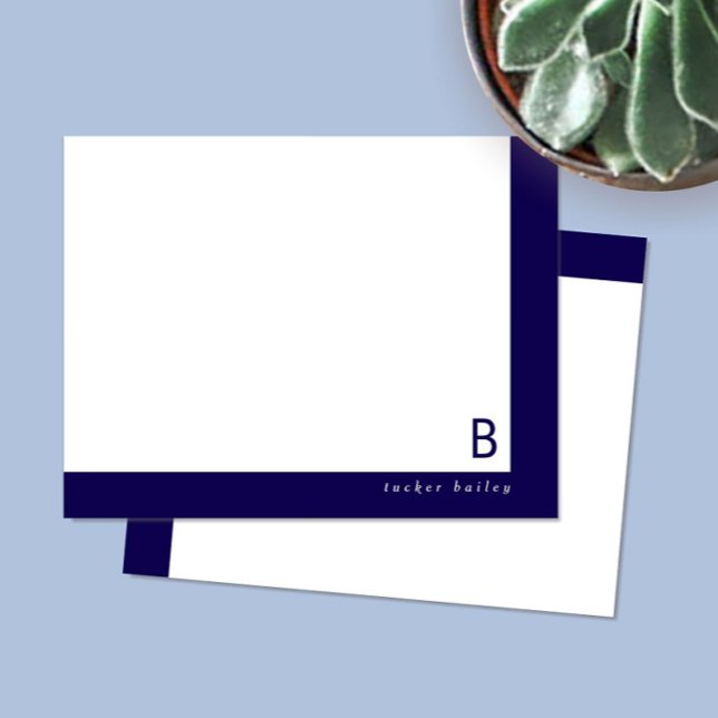 Monogram Corner Band Dark Blue Personal Stationery Note Card (Creator Uploaded)