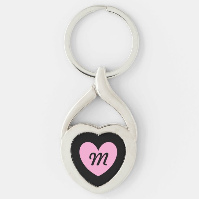 Monogram Cotton Candy Pink heart on black Keychain (Front)