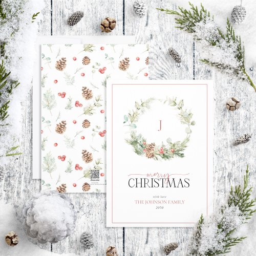 Monogram Cotton Greenery Wreath Merry Christmas Ho Holiday Card