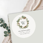 Monogram Cotton Pine Cone Christmas Wreath Address Classic Round Sticker<br><div class="desc">If you need any further customisation please feel free to message me on yellowfebstudio@gmail.com.</div>